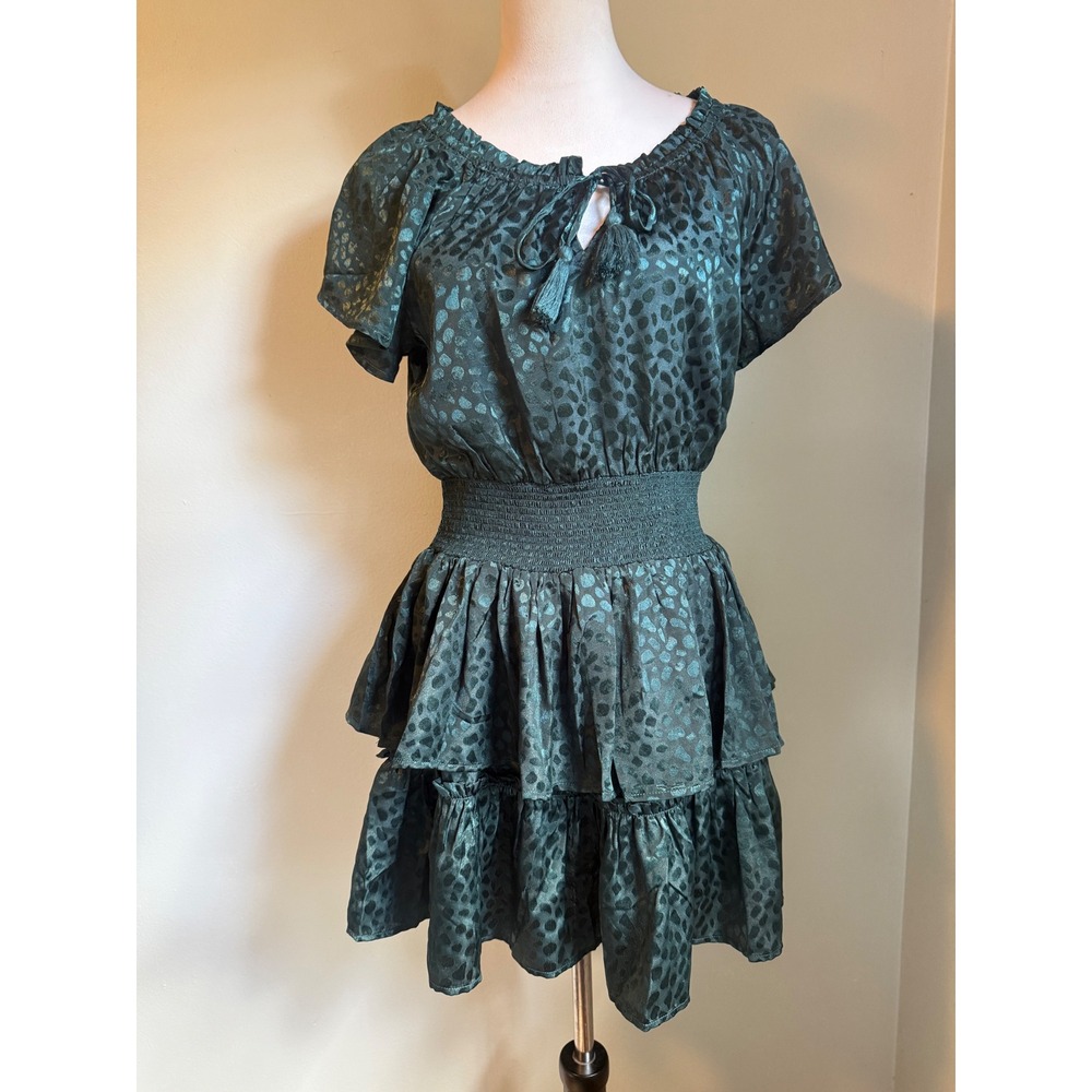 Bila 77 Green Leopard animal boho Y2K whimsi‎ Mini Dress Smocked resort Tassel M